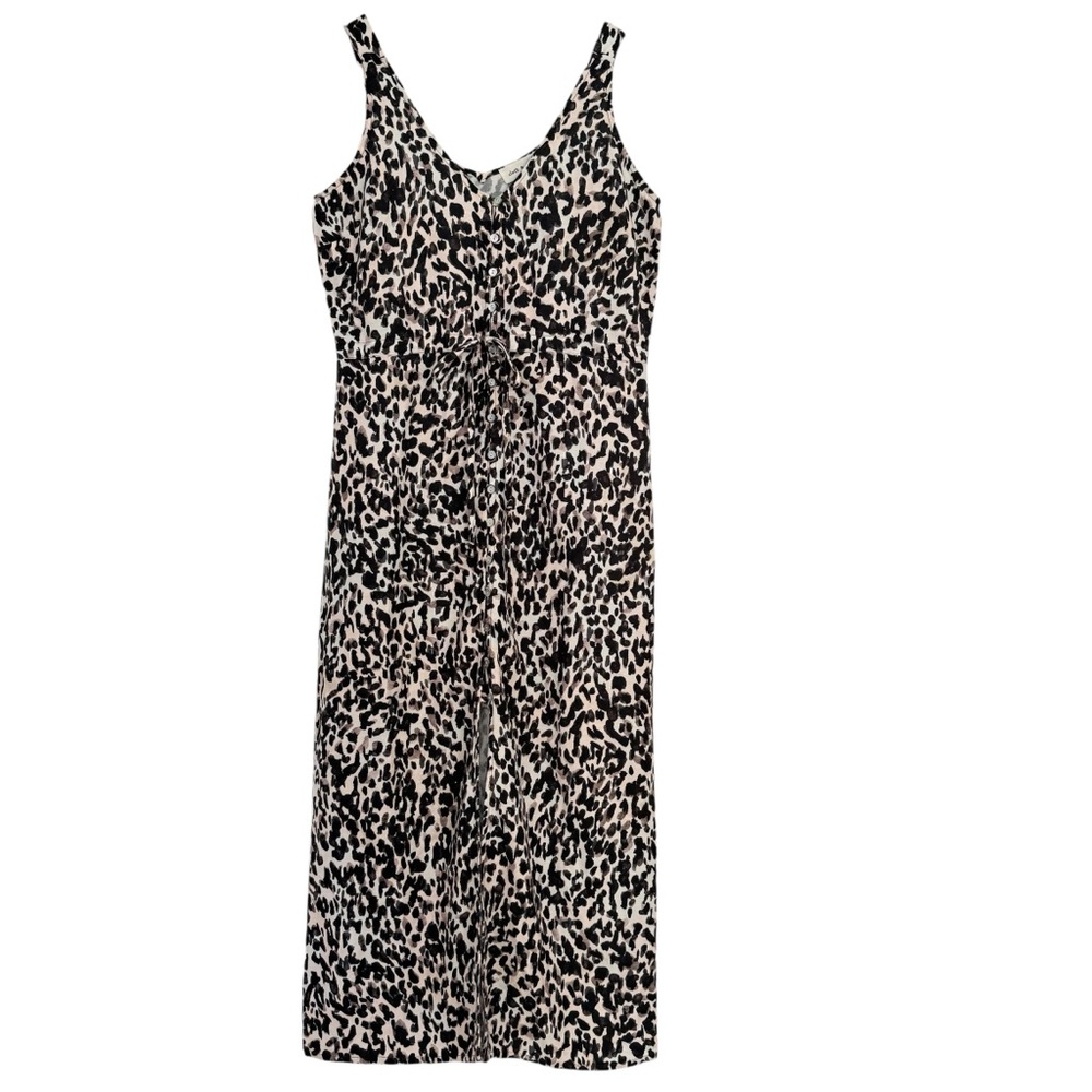 Linen Leopard Cinched Waist Button Front Sleeveless Print Dress Size XS
